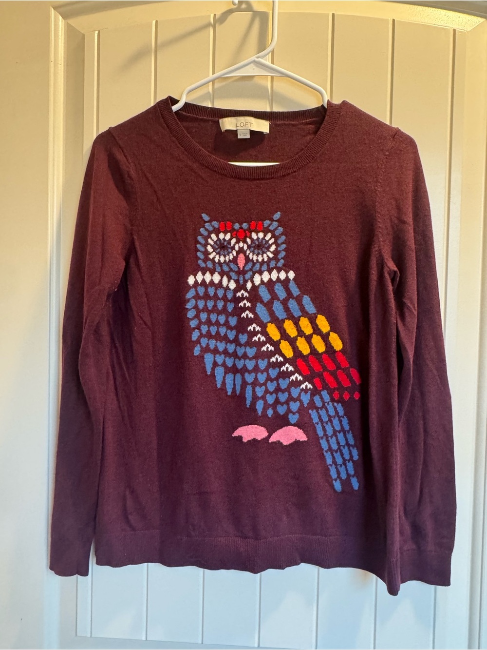 LOFT Maroon Crewneck Sweater with Colorful Owl Motif